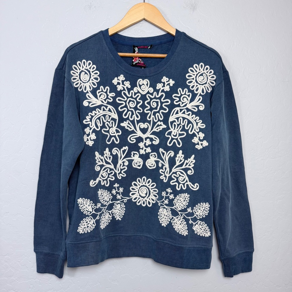 NEW Johnny Was Los Angeles Blue Embellished Cotton Sweatshirt J18225-E Size M
